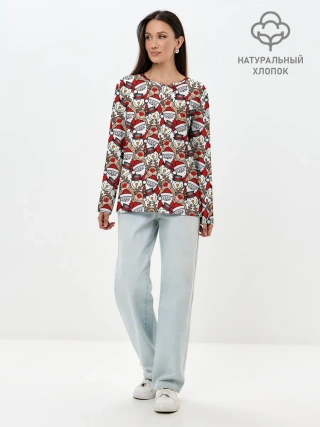 Лонгслив женский. Хлопок / Дед Мороз, Снеговик, Олень