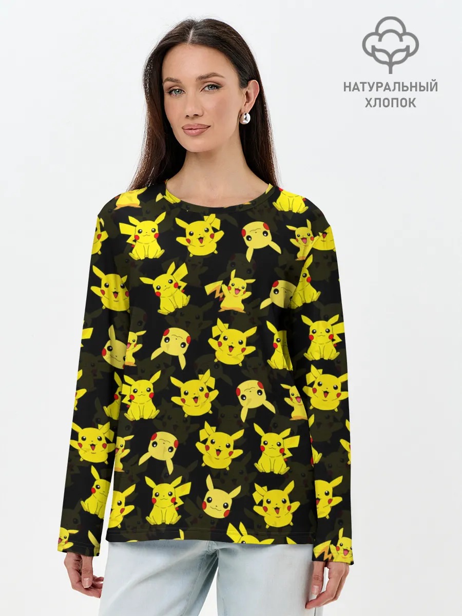 Лонгслив женский. Хлопок / ПИКАЧУ ПАТТЕРН / PIKA PIKACHU /