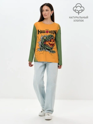 Лонгслив женский. Хлопок / Т-Рекс с тыквой в пасте | Хэллоуин