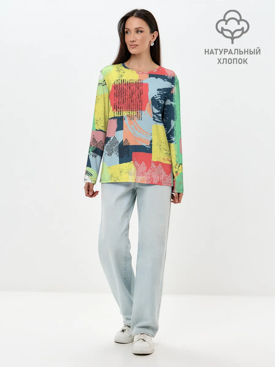 Лонгслив женский. Хлопок / Желто-зеленый тай-дай