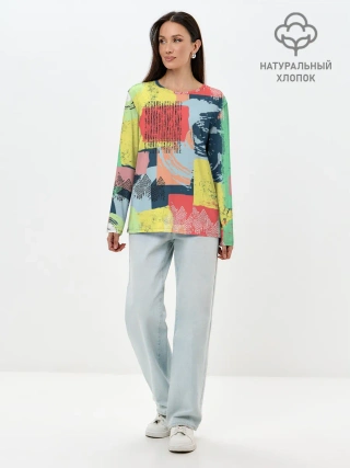 Лонгслив женский. Хлопок / Желто-зеленый тай-дай