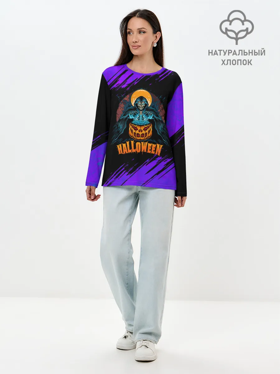 Лонгслив женский. Хлопок / ВЕДЬМА КОЛДУЕТ НАД ТЫКВОЙ