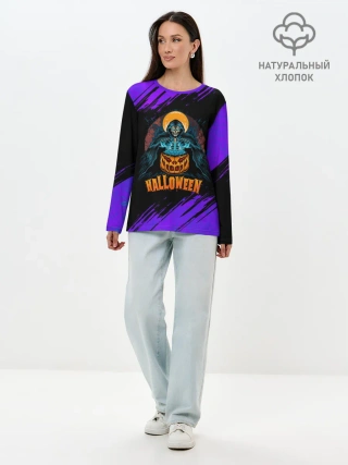 Лонгслив женский. Хлопок / ВЕДЬМА КОЛДУЕТ НАД ТЫКВОЙ