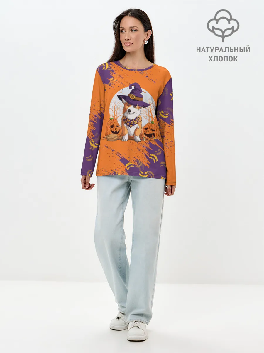 Лонгслив женский. Хлопок / КОРГИ НА ХЭЛЛОУИНЕ