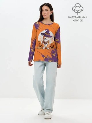 Лонгслив женский. Хлопок / КОРГИ НА ХЭЛЛОУИНЕ