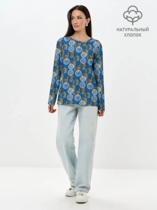 Лонгслив женский. Хлопок / Разноцветные Новогодние Узоры