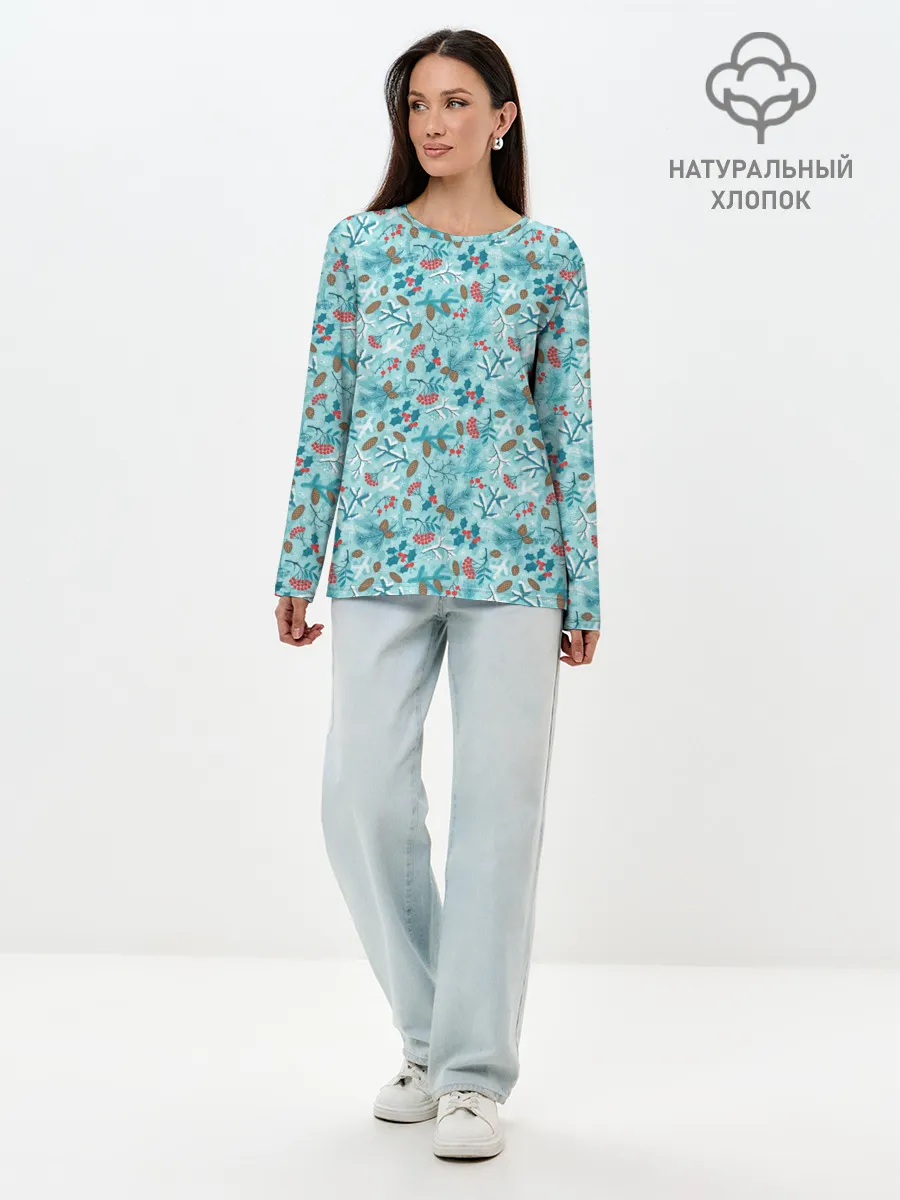 Лонгслив женский. Хлопок / Зимний Лесной Пейзаж