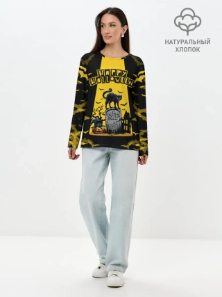 Лонгслив женский. Хлопок / КОТ НА КЛАДБИЩЕ | ХЕЛЛОУИН