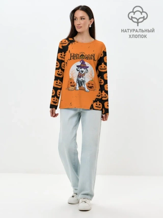 Лонгслив женский. Хлопок / Далматинец в шляпе | Хэллоуин