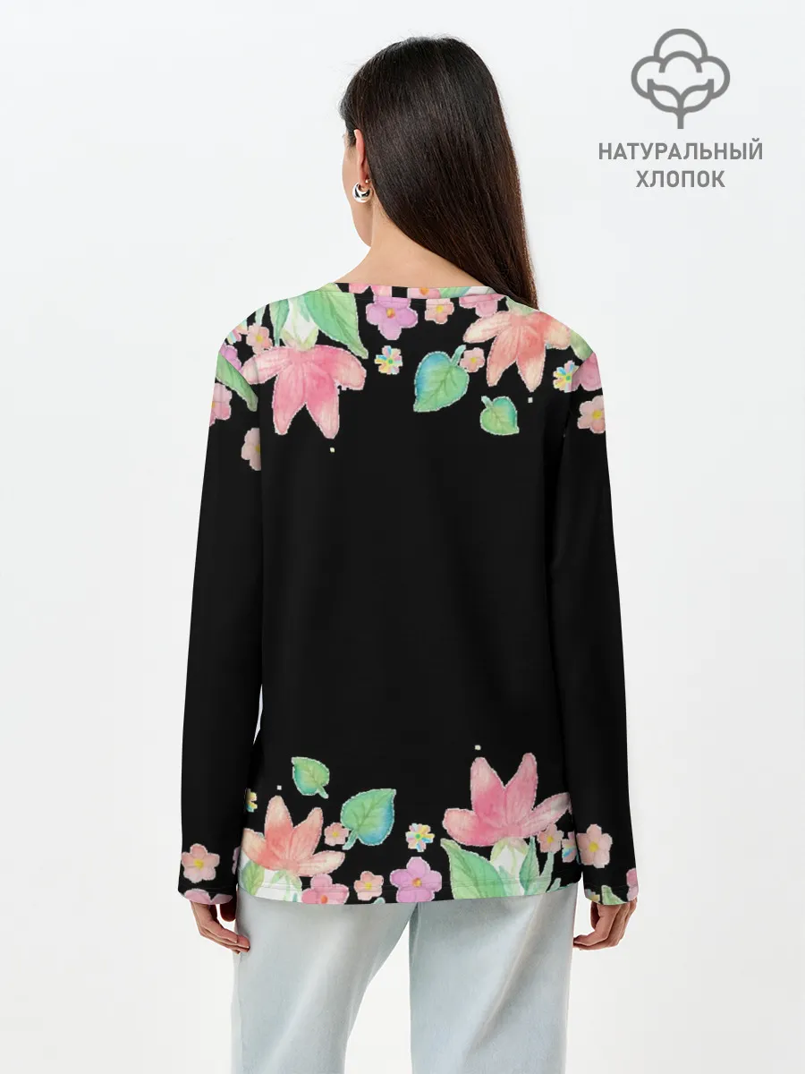 Лонгслив женский. Хлопок / Рамка из розовых и зеленых листьев