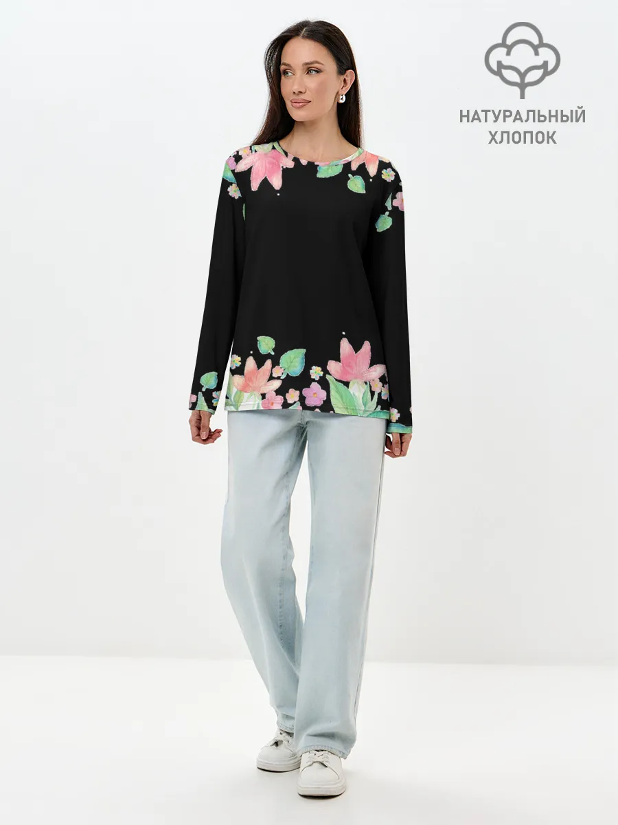 Лонгслив женский. Хлопок / Рамка из розовых и зеленых листьев