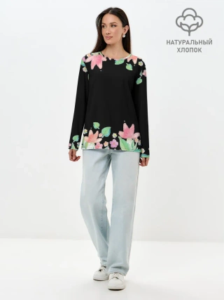 Лонгслив женский. Хлопок / Рамка из розовых и зеленых листьев