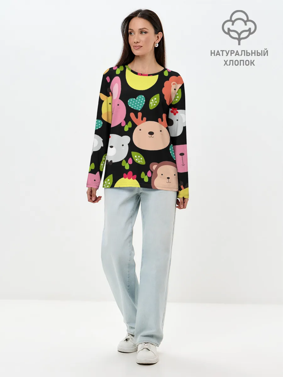 Лонгслив женский. Хлопок / Головы милых животных