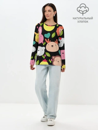 Лонгслив женский. Хлопок / Головы милых животных