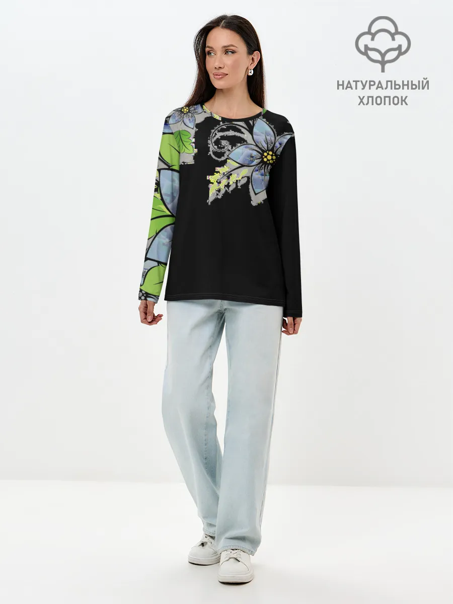 Лонгслив женский. Хлопок / Цветочная композиция с бабочками