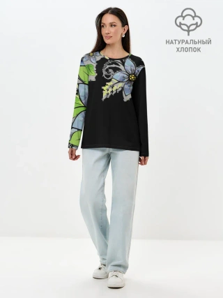 Лонгслив женский. Хлопок / Цветочная композиция с бабочками