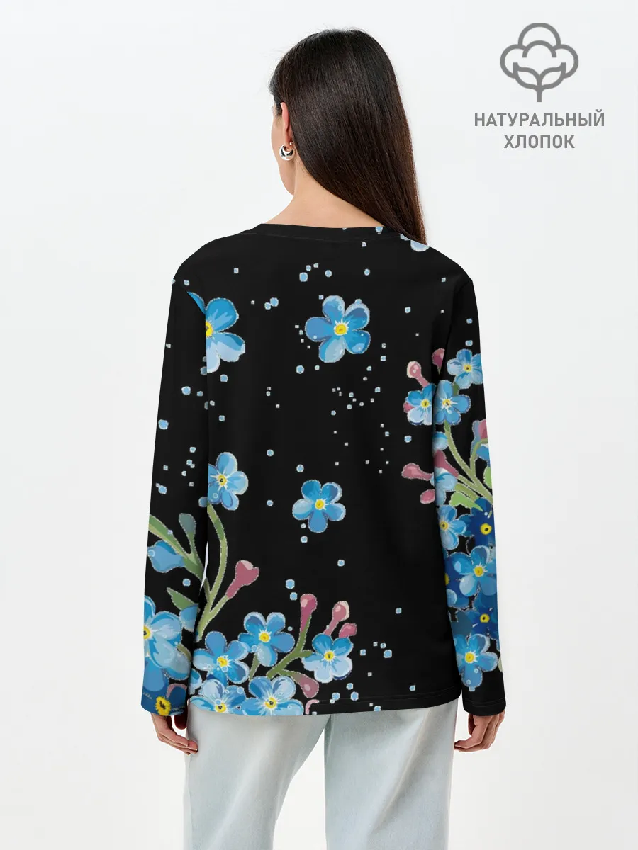 Лонгслив женский. Хлопок / Букет голубых цветов