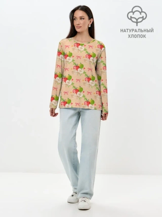 Лонгслив женский. Хлопок / Яблоки паттерн