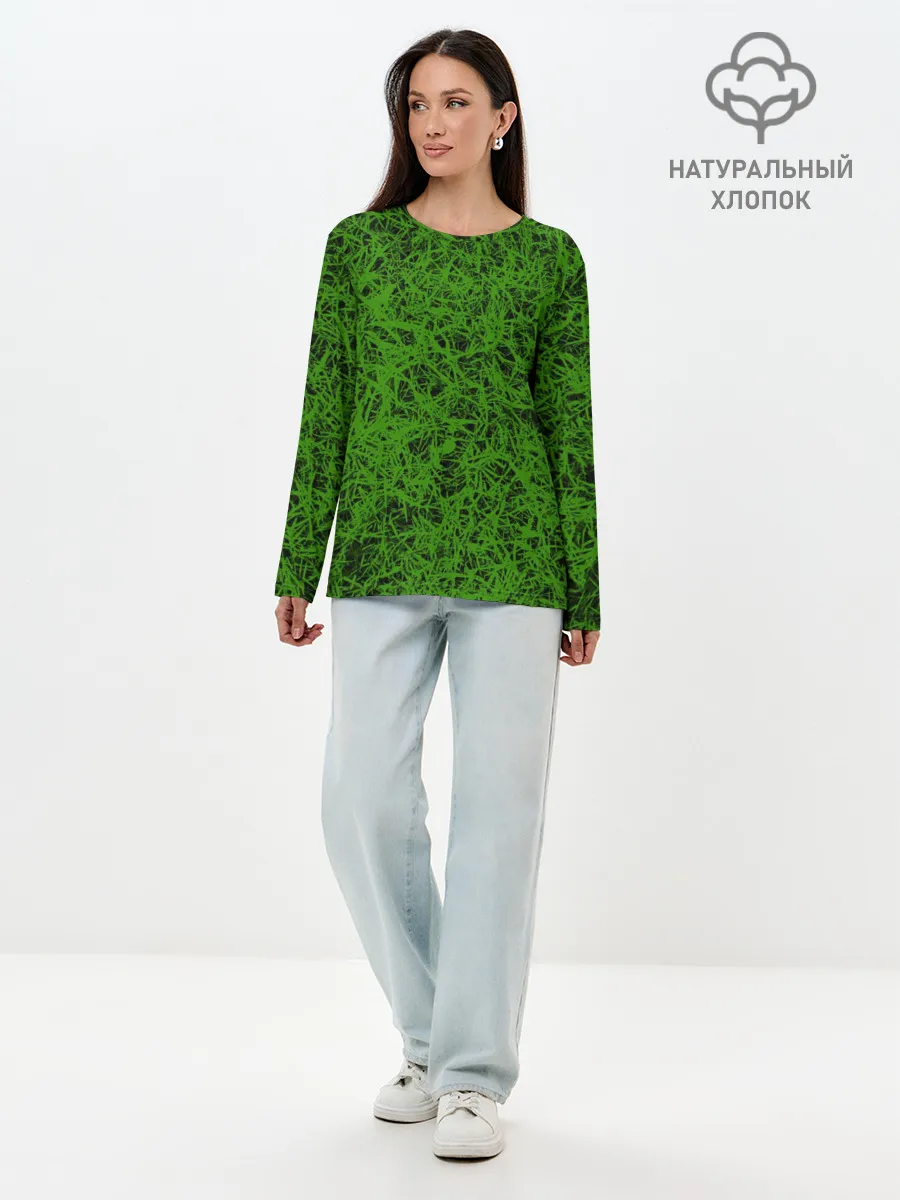 Лонгслив женский. Хлопок / зелёный паттерн