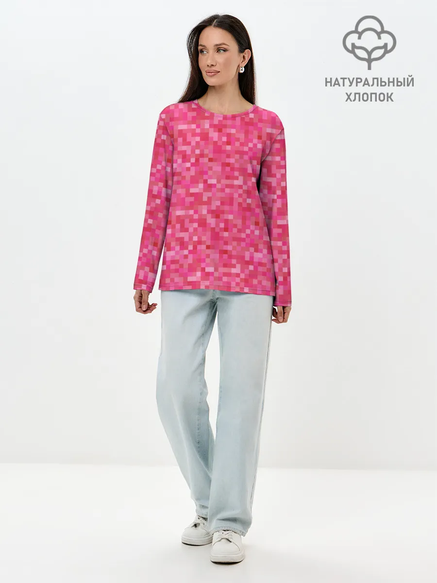 Лонгслив женский. Хлопок / Цикламеновая пиксельная абстракция