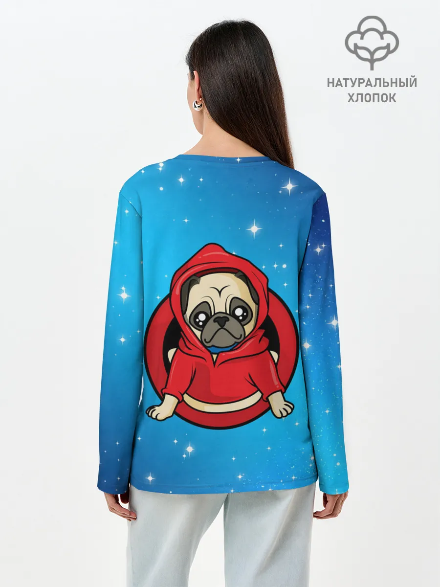 Лонгслив женский. Хлопок / Мопс в толстовке