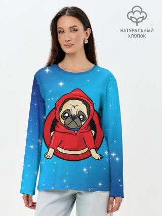 Лонгслив женский. Хлопок / Мопс в толстовке