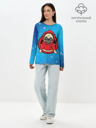 Лонгслив женский. Хлопок / Мопс в толстовке
