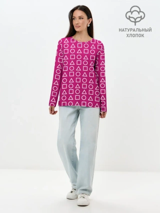 Лонгслив женский. Хлопок / ИГРА В КАЛЬМАРА ПАТТЕРН ФИГУРЫ СТРАЖЕЙ