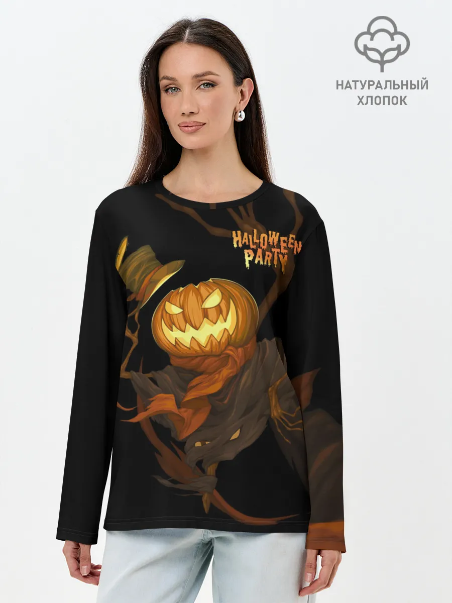 Лонгслив женский. Хлопок / Приветливая тыква на Хэллоуин