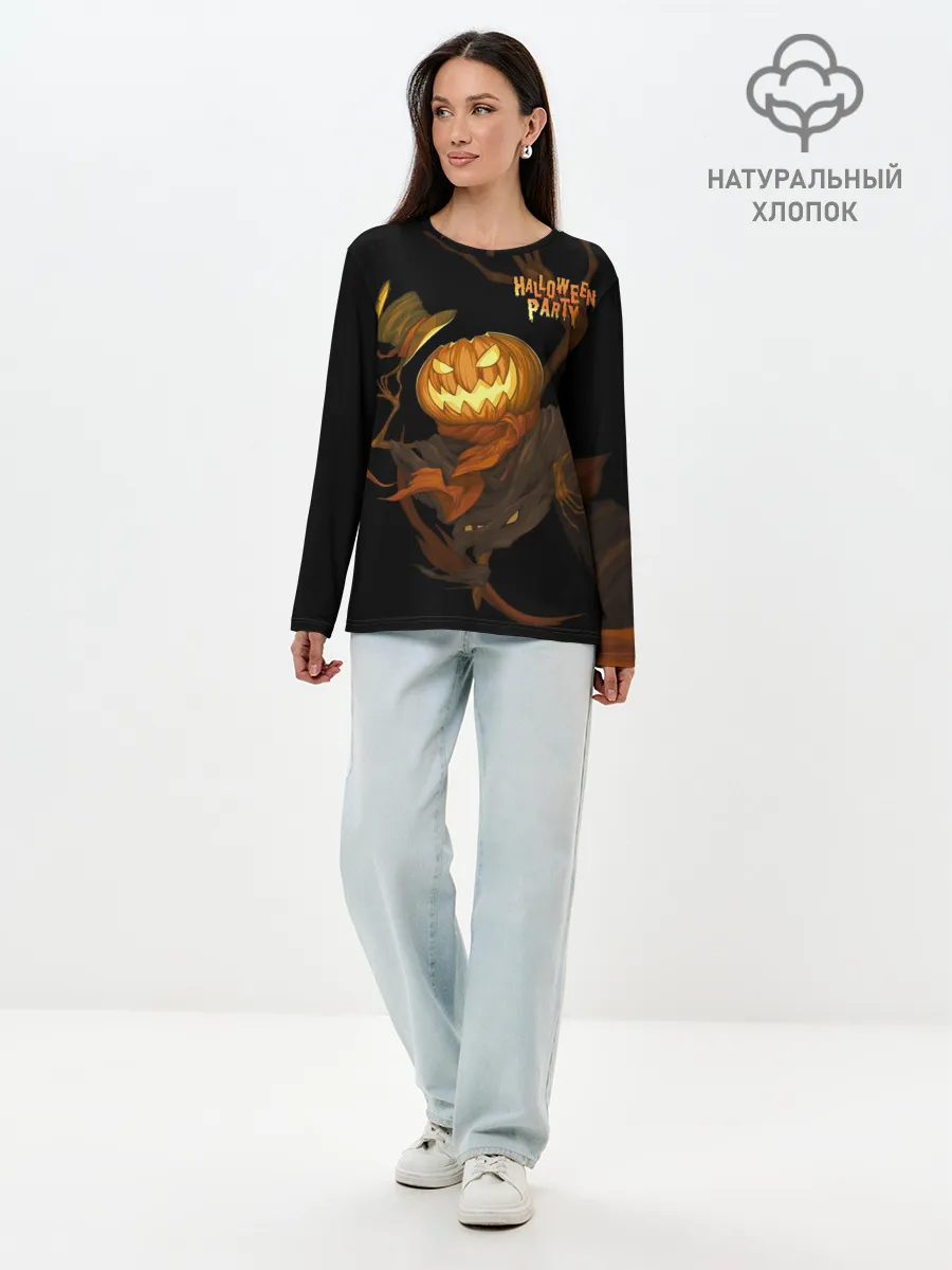 Лонгслив женский. Хлопок / Приветливая тыква на Хэллоуин