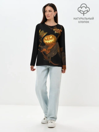 Лонгслив женский. Хлопок / Приветливая тыква на Хэллоуин