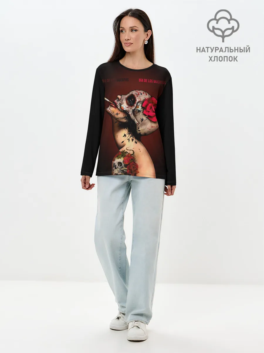 Лонгслив женский. Хлопок / Ведьма с красной розой