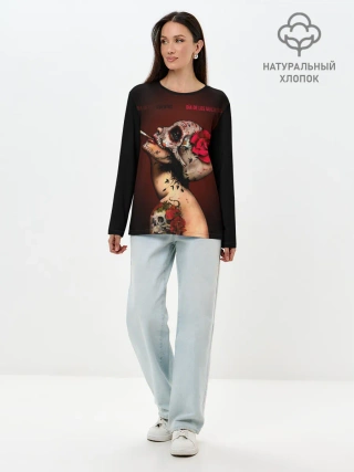 Лонгслив женский. Хлопок / Ведьма с красной розой