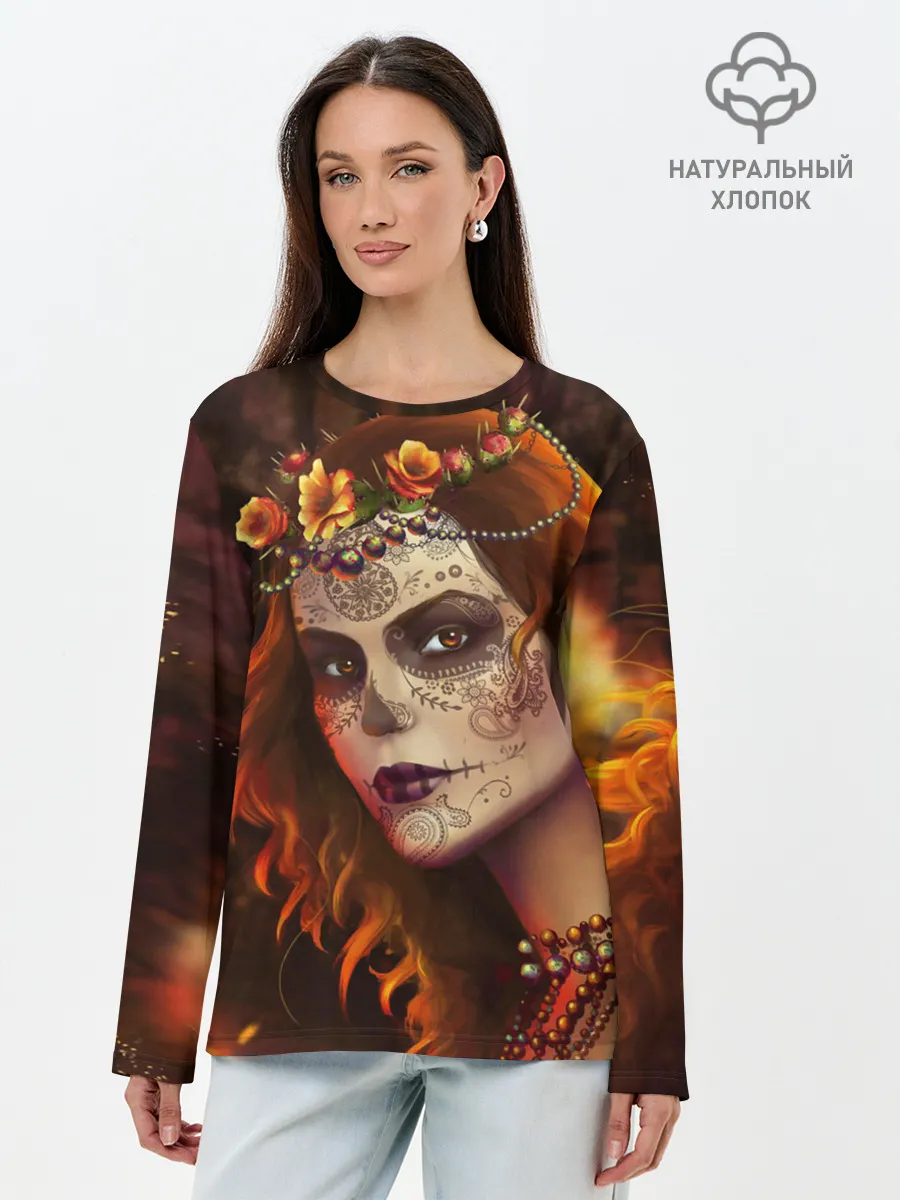 Лонгслив женский. Хлопок / Рыжая Ведьма с розами