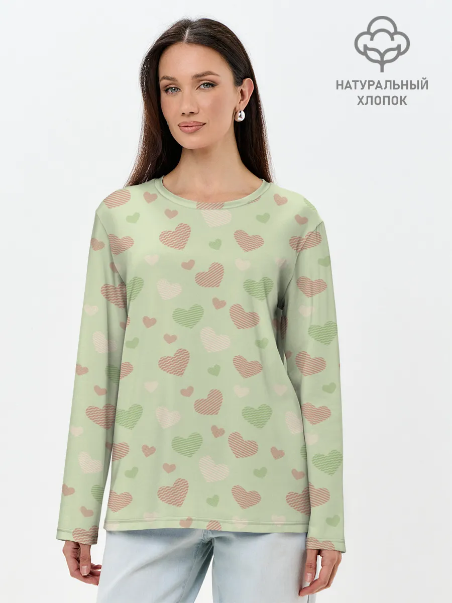 Лонгслив женский. Хлопок / Сердечки на светло зеленом фоне