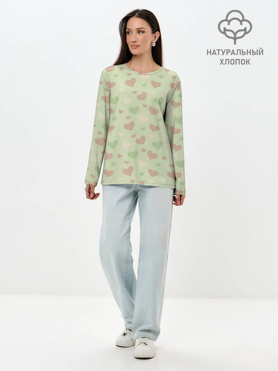 Лонгслив женский. Хлопок / Сердечки на светло зеленом фоне