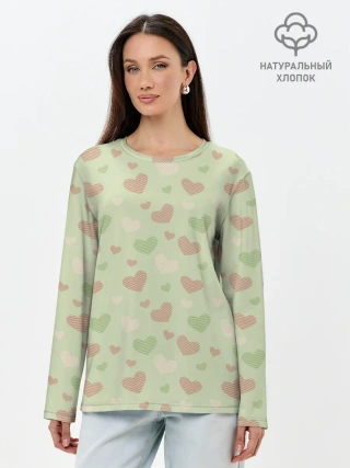 Лонгслив женский. Хлопок / Сердечки на светло зеленом фоне