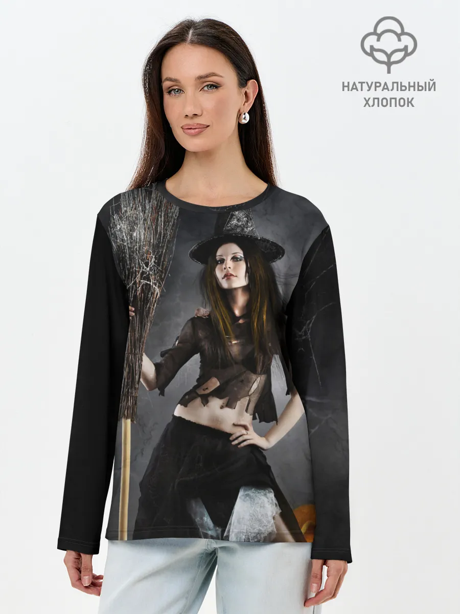 Лонгслив женский. Хлопок / Милая ведьма с метлой