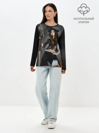 Лонгслив женский. Хлопок / Милая ведьма с метлой