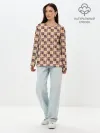 Лонгслив женский. Хлопок / Коричневые и бежевые квадраты с линями