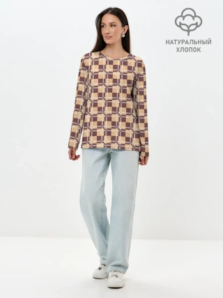 Лонгслив женский. Хлопок / Коричневые и бежевые квадраты с линями