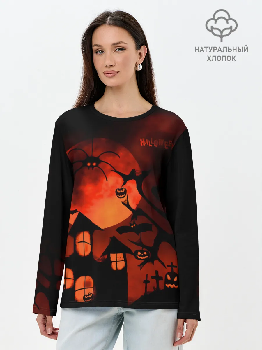 Лонгслив женский. Хлопок / Красная луна на Хэллоуин