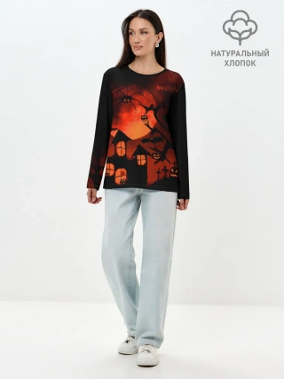 Лонгслив женский. Хлопок / Красная луна на Хэллоуин