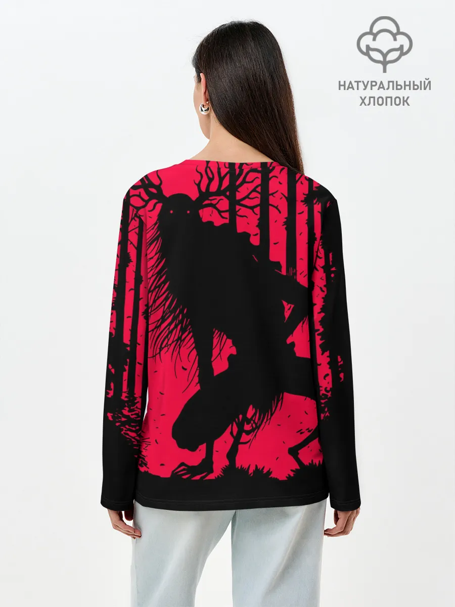 Лонгслив женский. Хлопок / Красный скелет в диком лесу