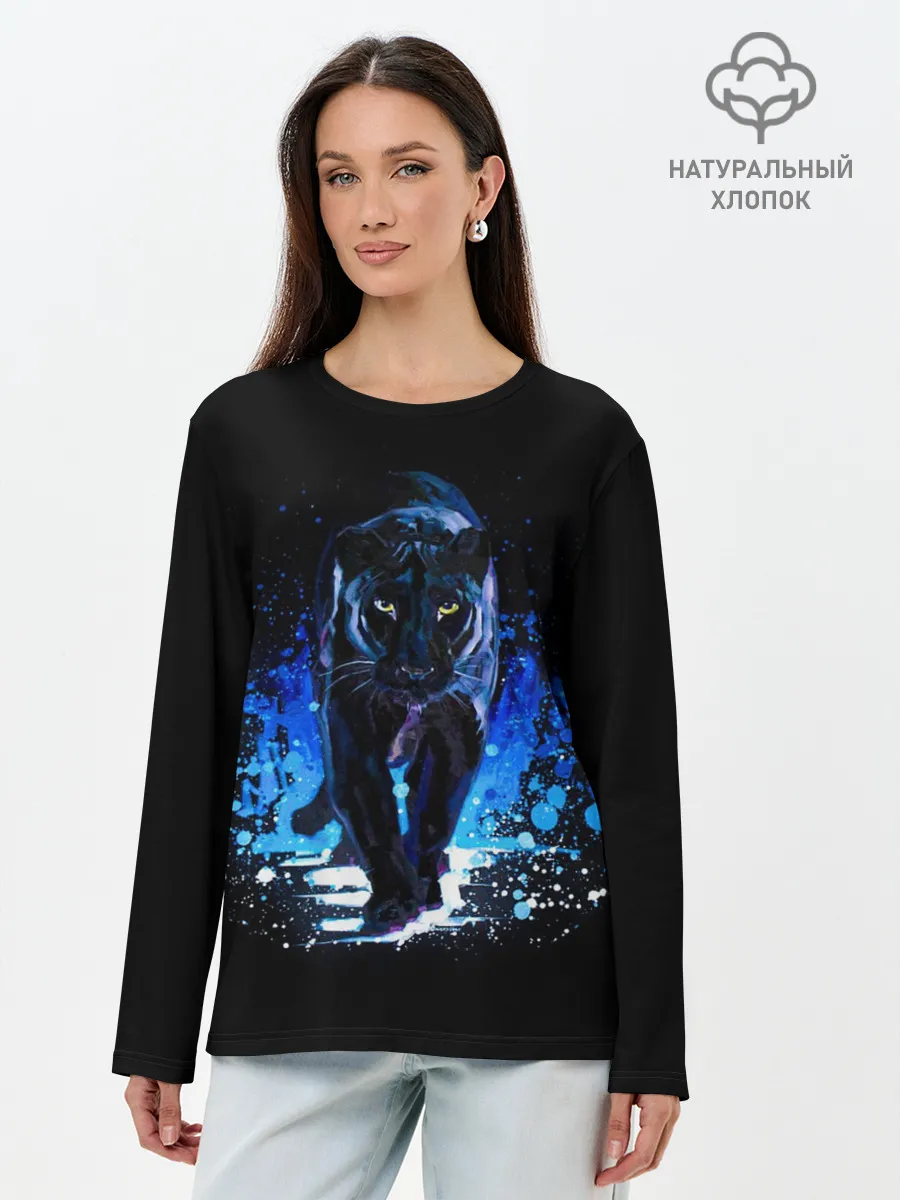 Лонгслив женский. Хлопок / Черная пантера пятна краски