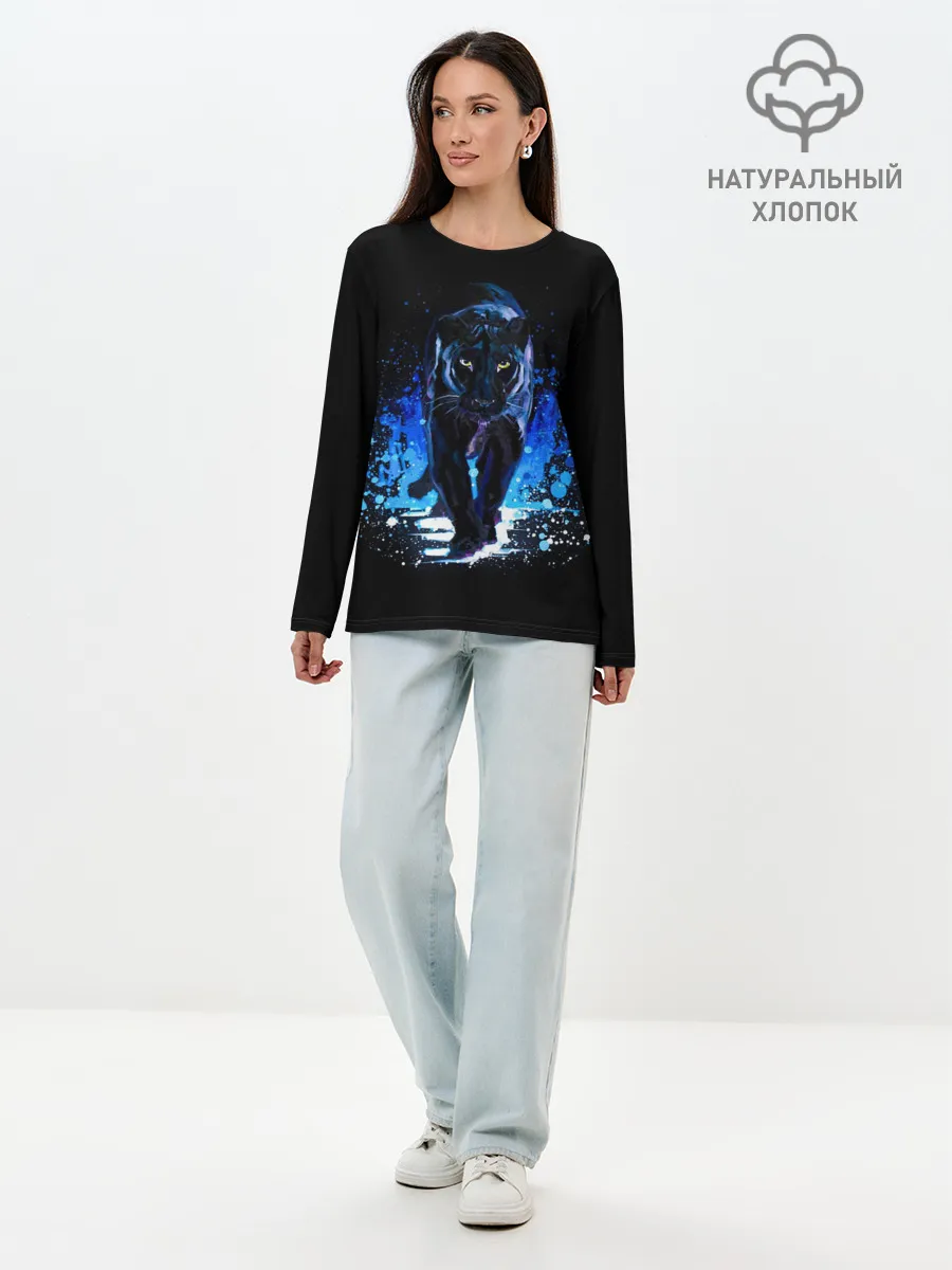 Лонгслив женский. Хлопок / Черная пантера пятна краски