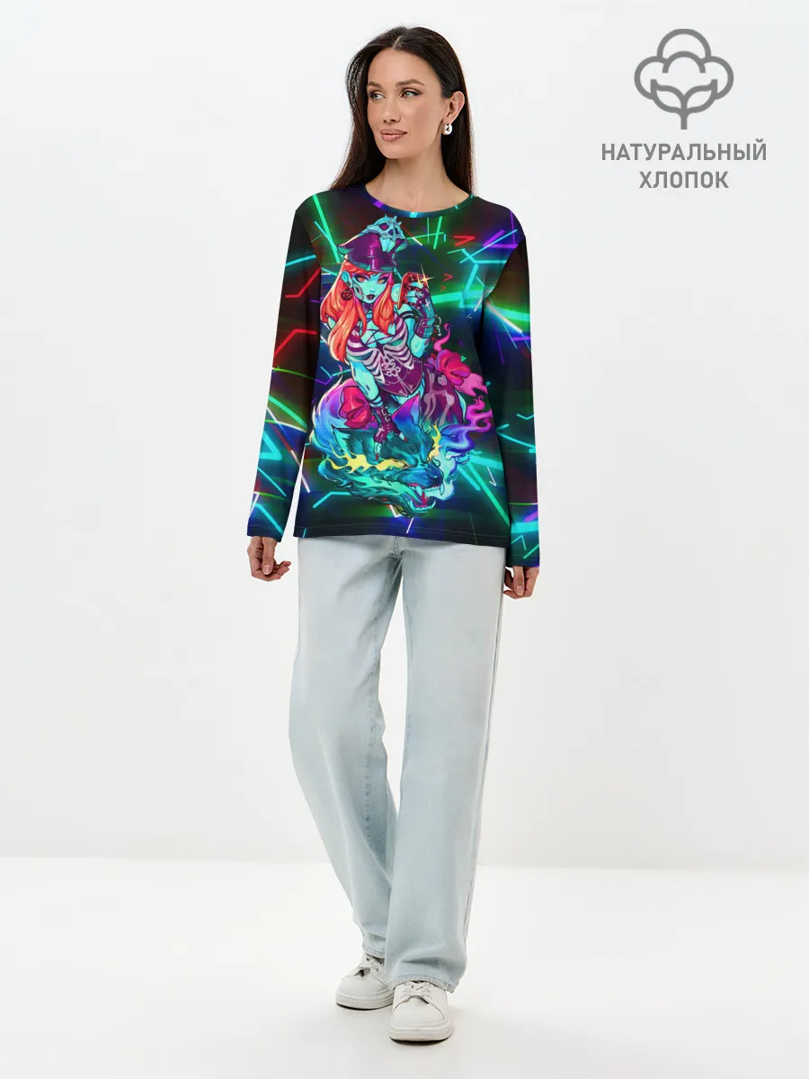 Лонгслив женский. Хлопок / Неоновая ведьма с волком
