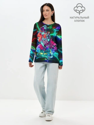 Лонгслив женский. Хлопок / Неоновая ведьма с волком