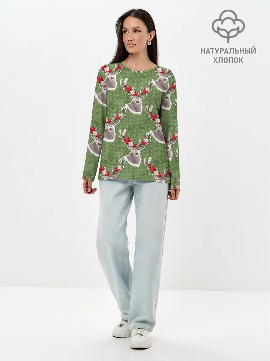 Лонгслив женский. Хлопок / Новогодние олени 2022