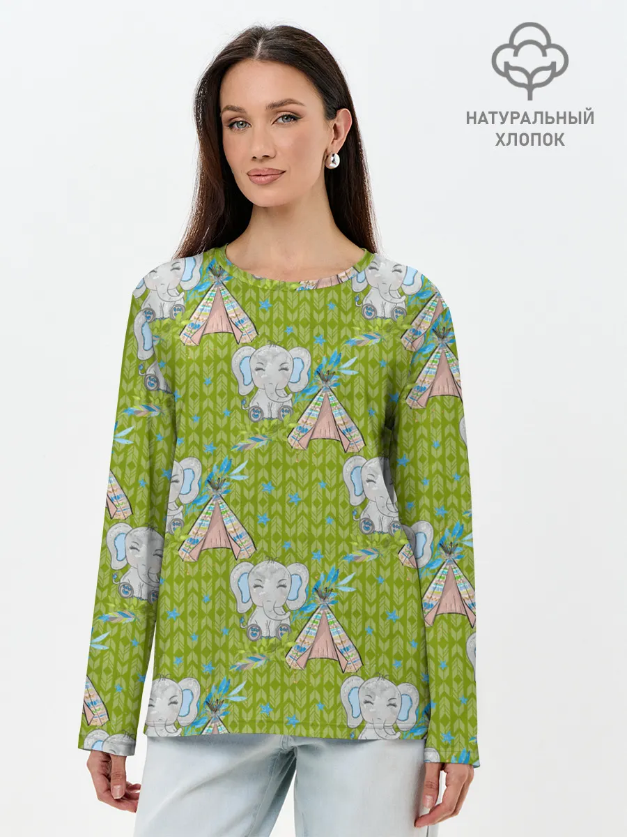 Лонгслив женский. Хлопок / Слоник и вигвам